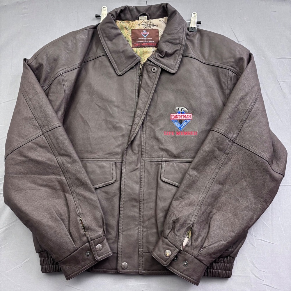 Handyman Club of America Leather Bomber Jacket Brown Life Member Map Lining Sz M
